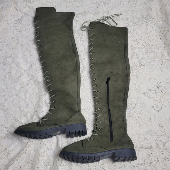 Army Olive Green Knee High Thigh High Lace Up Combat Boot with Lug Sole - Picture 3 of 6